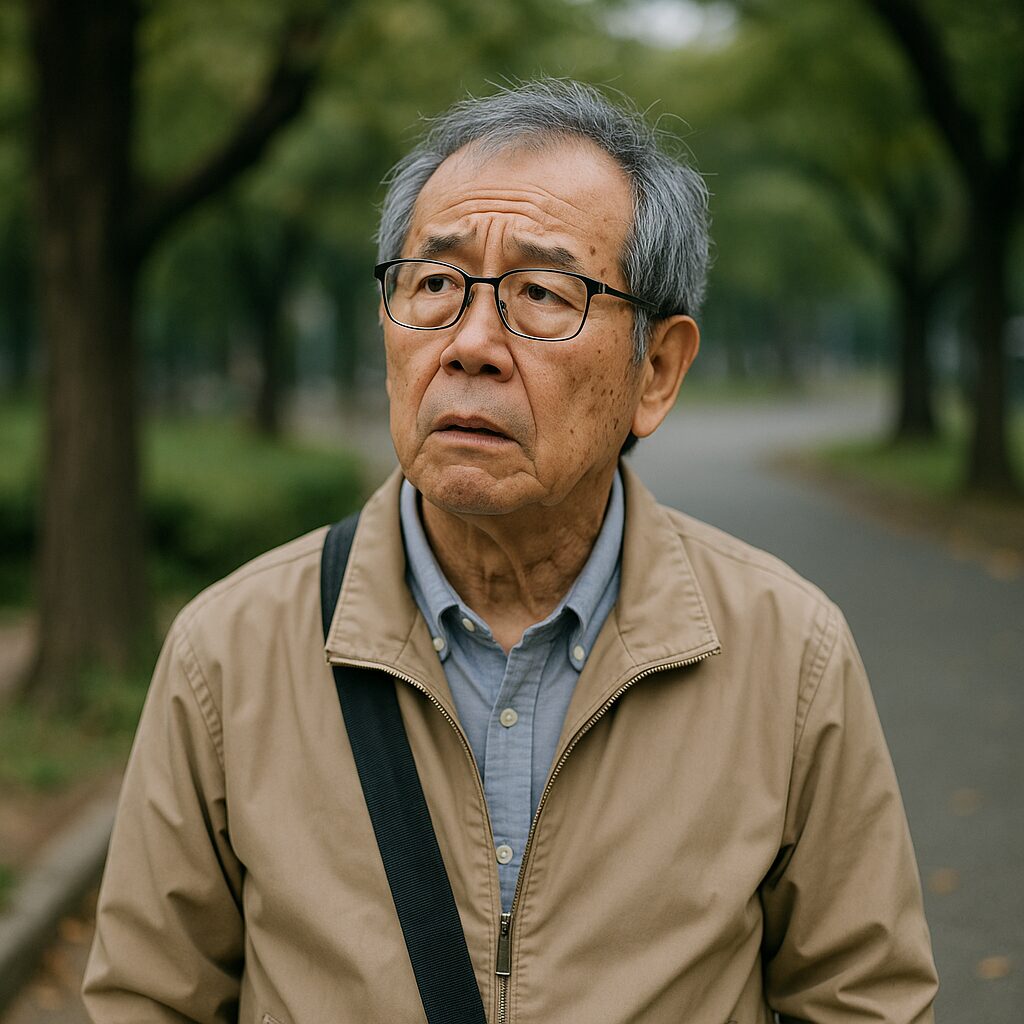 公園の小道に一人佇む高齢の東アジア系男性。困惑したような表情で空を見上げ、ベージュのジャケットと黒縁メガネを身に着けている。背景の緑豊かな木々が静けさと不安を同時に演出している。