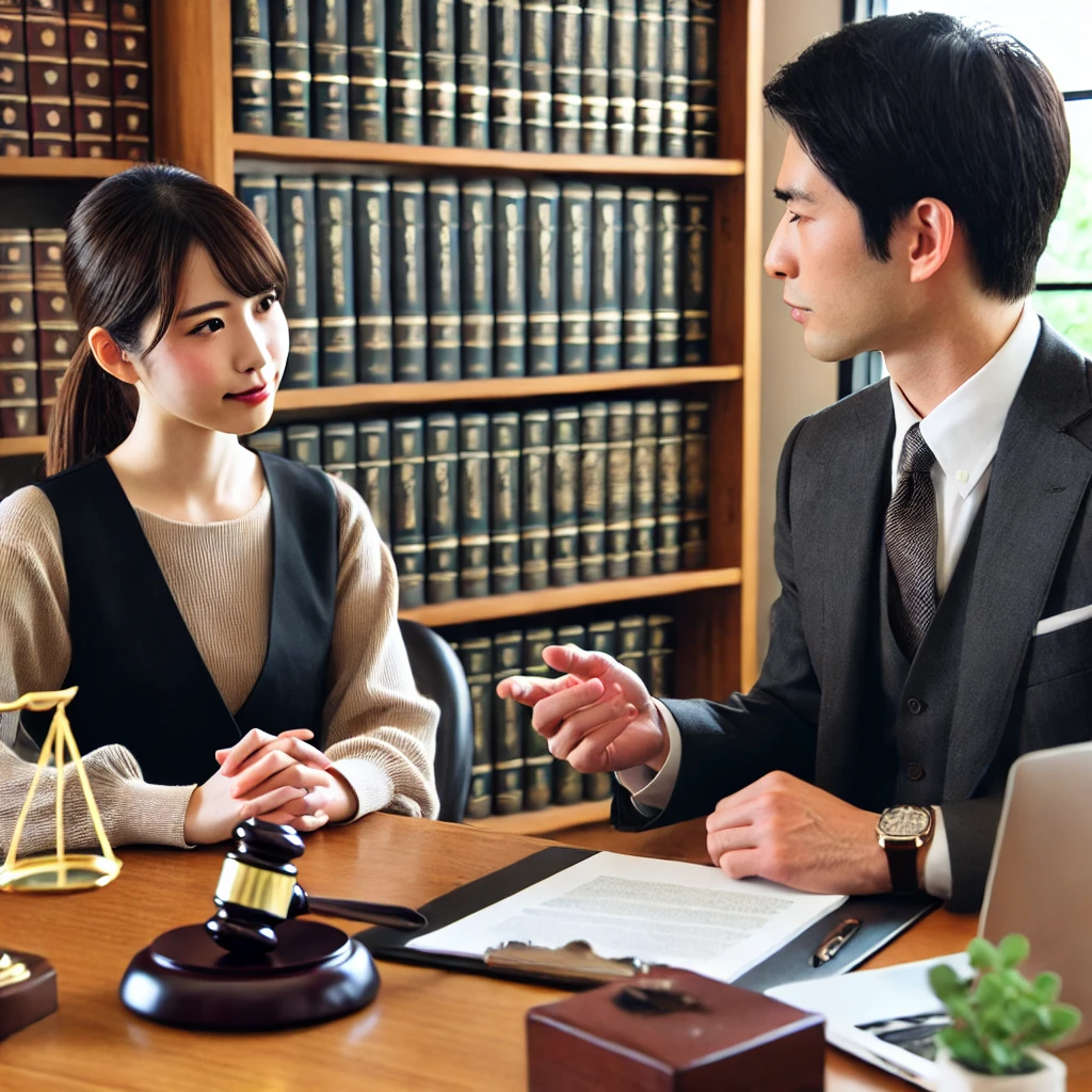 A Japanese woman in her 30s visiting a law office for legal consultation regarding a detective investigation, with a lawyer explaining legal procedures.