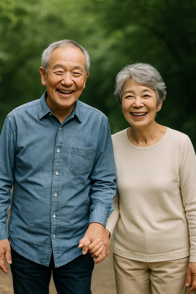 自然豊かな公園の小道で、手をつなぎながら笑顔で歩く日本人の老夫婦。男性はデニムシャツ、女性はベージュのニットを着用し、2人の表情は穏やかで幸福感にあふれている。背景の緑が柔らかくぼけ、温かな空気感が伝わる。