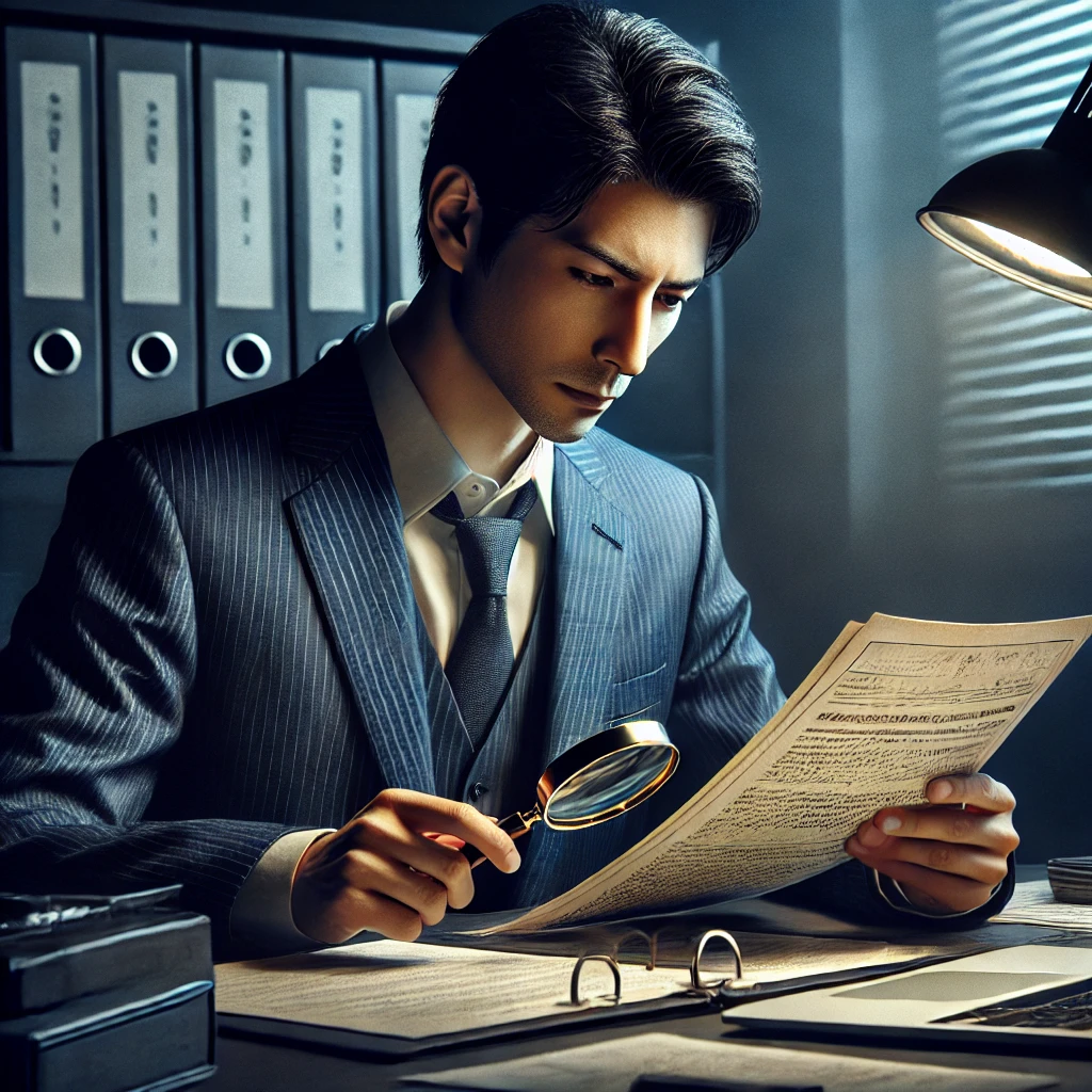 Japanese private investigator reviewing documents at a desk, symbolizing careful selection of a trustworthy detective agency