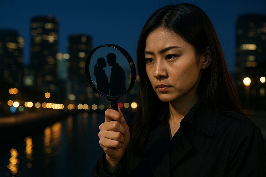 夜の都市を背景に、黒いトレンチコートを着た日本人女性の探偵が拡大鏡を手に、ラブホテルへ向かうカップルのシルエットを真剣な表情で見つめている写真風のリアルなイメージ