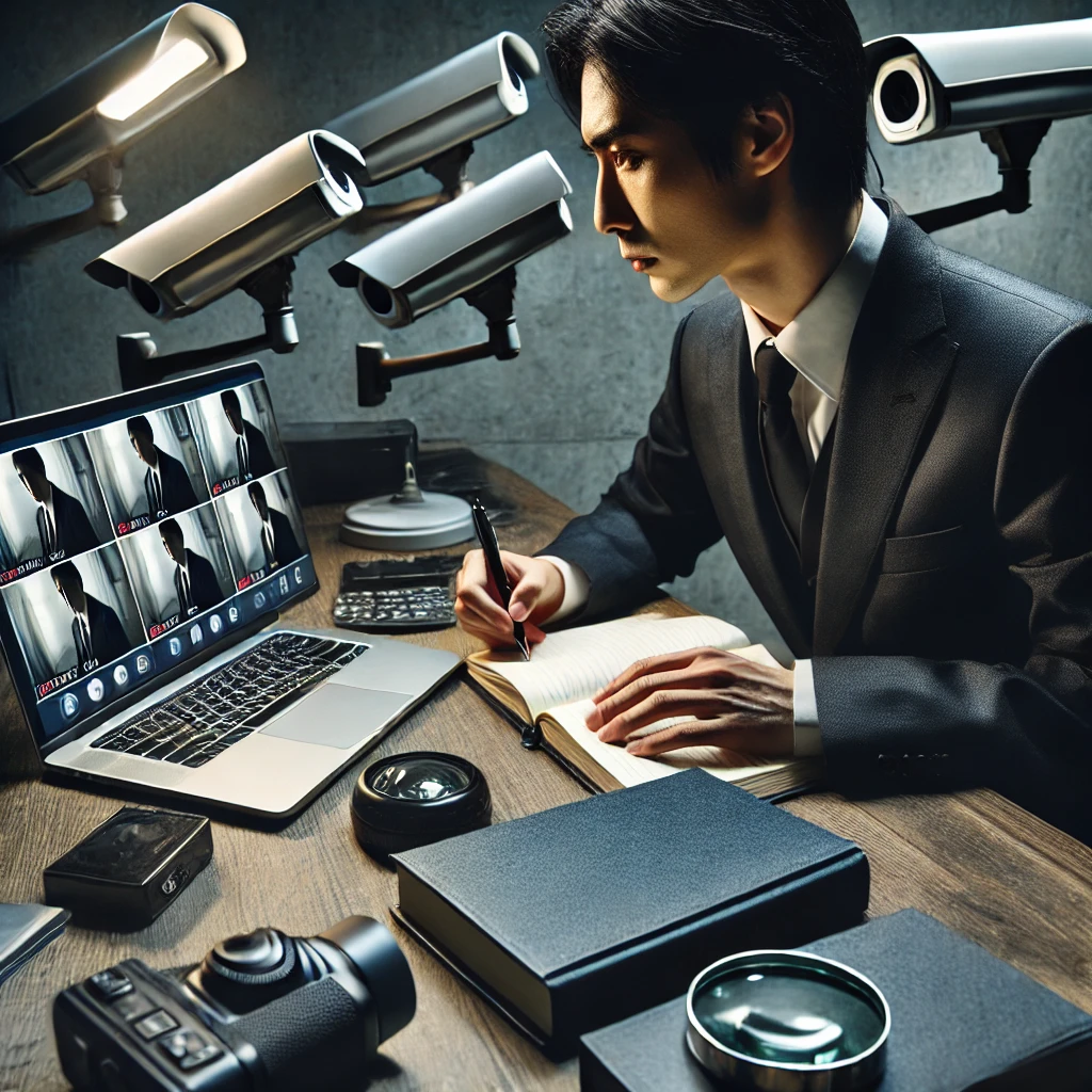 A Japanese detective monitoring surveillance footage in a dimly lit office, symbolizing professional investigative accuracy.