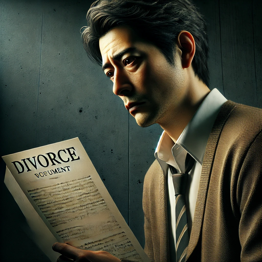 A Japanese man in his 40s looking distressed while holding a divorce document, symbolizing the emotional impact of legal separation.