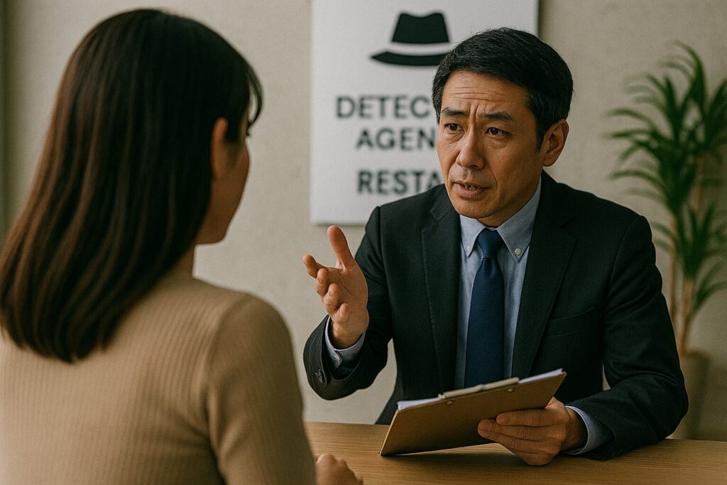 探偵事務所の相談室で、黒のスーツ姿の日本人男性探偵が真剣な表情で依頼者の女性に説明をしている。手には調査用のクリップボードを持ち、背景には「DETECTIVE AGENCY RESTART」のロゴが見える。女性は真剣に話を聞いており、所在調査についての相談の様子が伝わる。