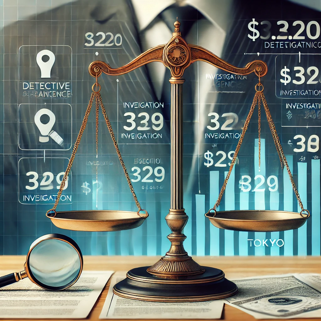 東京の探偵事務所の料金相場を示すイラスト。天秤の上に異なる料金タグが並び、調査費用の違いが視覚的に分かるようになっている。背景には、虫眼鏡や法的書類が描かれ、価格の透明性や公正な料金設定を象徴している