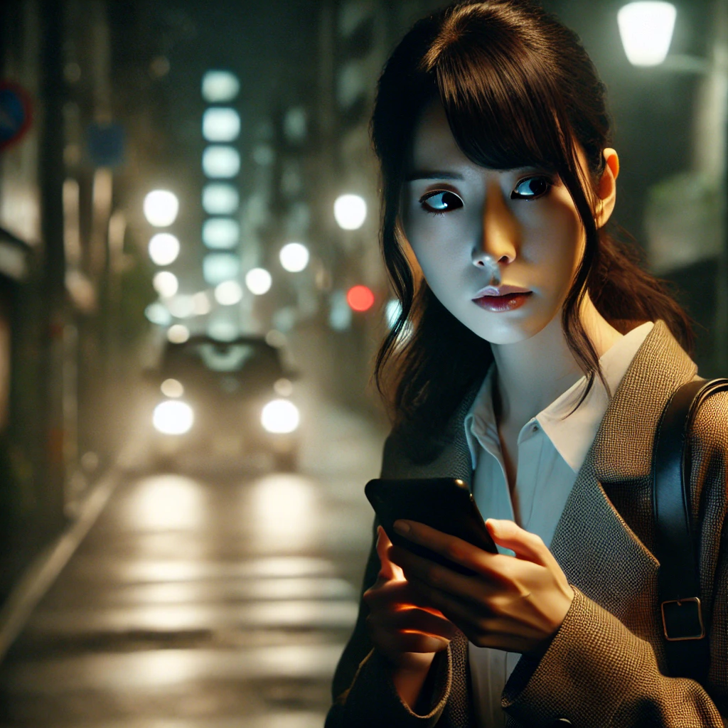 夜の都市で不安そうに周囲を警戒しながらスマートフォンを握る30代の日本人女性。薄暗い街灯の下で影が伸び、緊張感のある雰囲気が漂う。