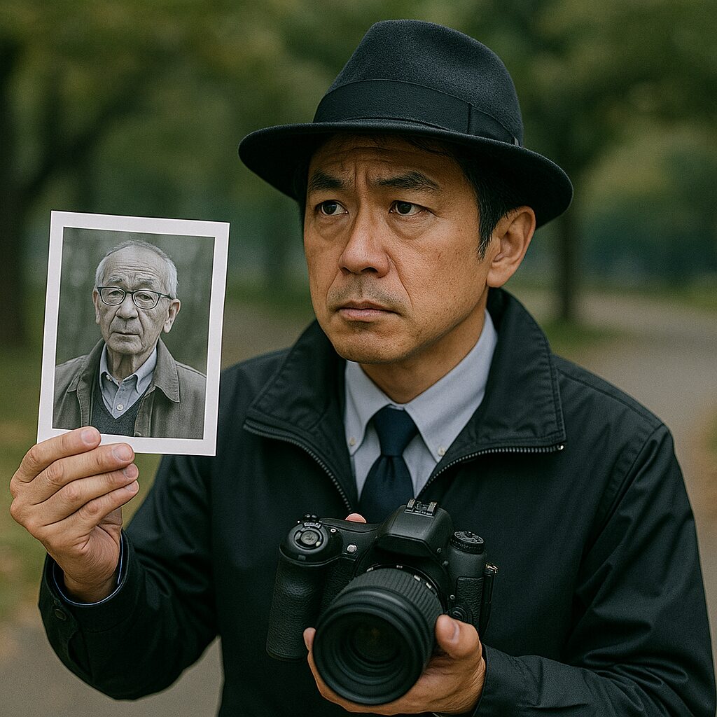 黒い中折れ帽をかぶった日本人の男性探偵が、手にしたカメラと高齢男性の写真を掲げながら公園で真剣な表情を浮かべている。緑に囲まれた背景の中で、失踪者を探す緊張感がにじみ出ている一枚。