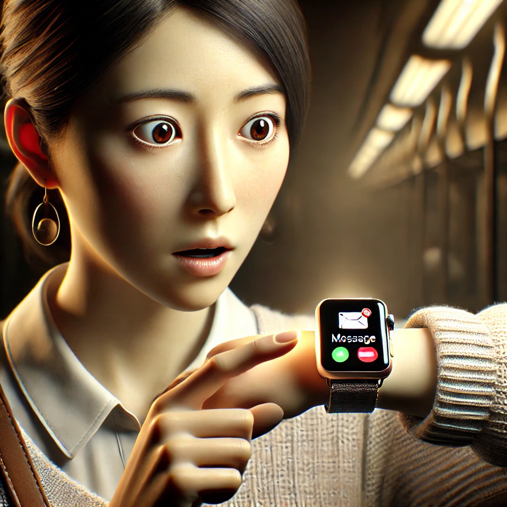 驚いた表情でApple Watchの通知を確認する30代の日本人女性。時計の画面にはメッセージ通知が表示され、何か秘密が発覚したことを示唆している。背景は薄暗く、緊張感と発見の瞬間を演出している。