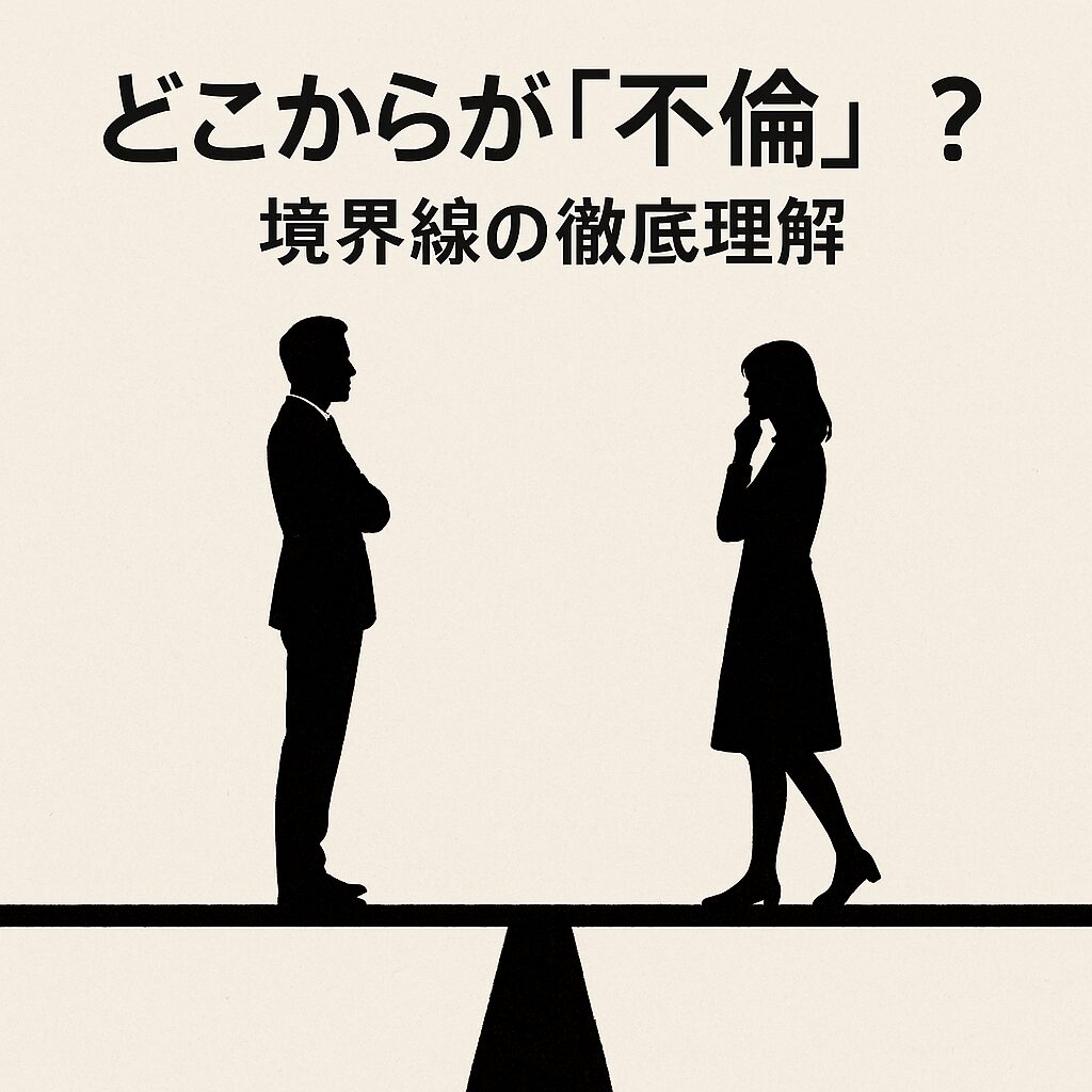 薄いベージュの背景に黒い地面の境界線が引かれ、その上に向かい合って立つ日本人男性と女性のシルエット。上部には大きく「どこからが『不倫』?」、その下に「境界線の徹底理解」と日本語で記載されたデジタルイラスト