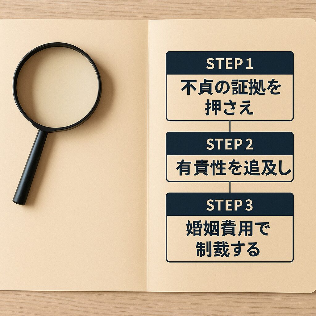木目調のデスク上に開かれたベージュ色の紙ファイル。左には黒い虫眼鏡、右側には「STEP1 不貞の証拠を押さえ」「STEP2 有責性を追及し」「STEP3 婚姻費用で制裁する」と日本語で書かれた3ステップのフローチャート。