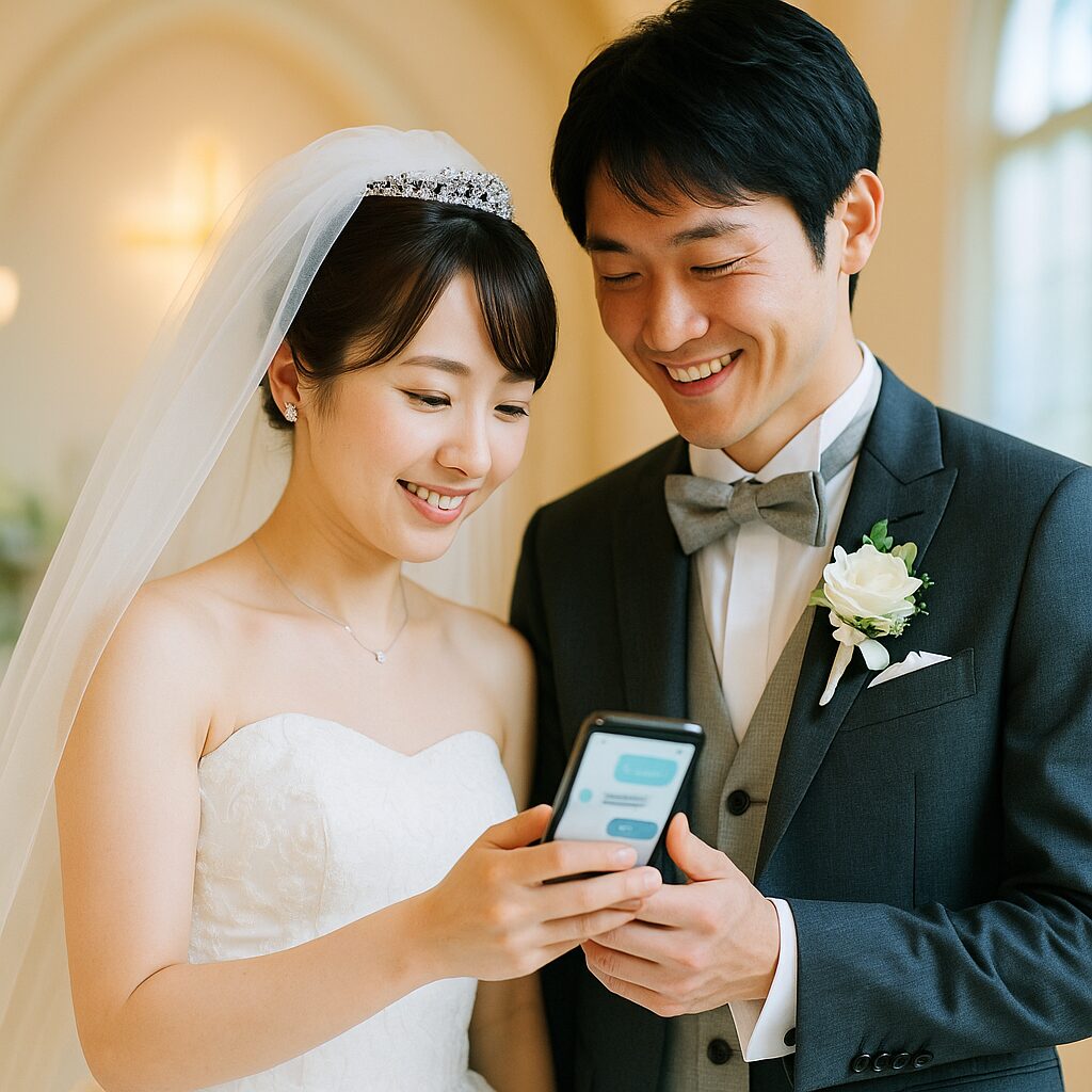 チャペルのバージンロードでスマートフォンを手にした日本人の新郎新婦が並び、スマホの画面を微笑みながら見つめているシーン