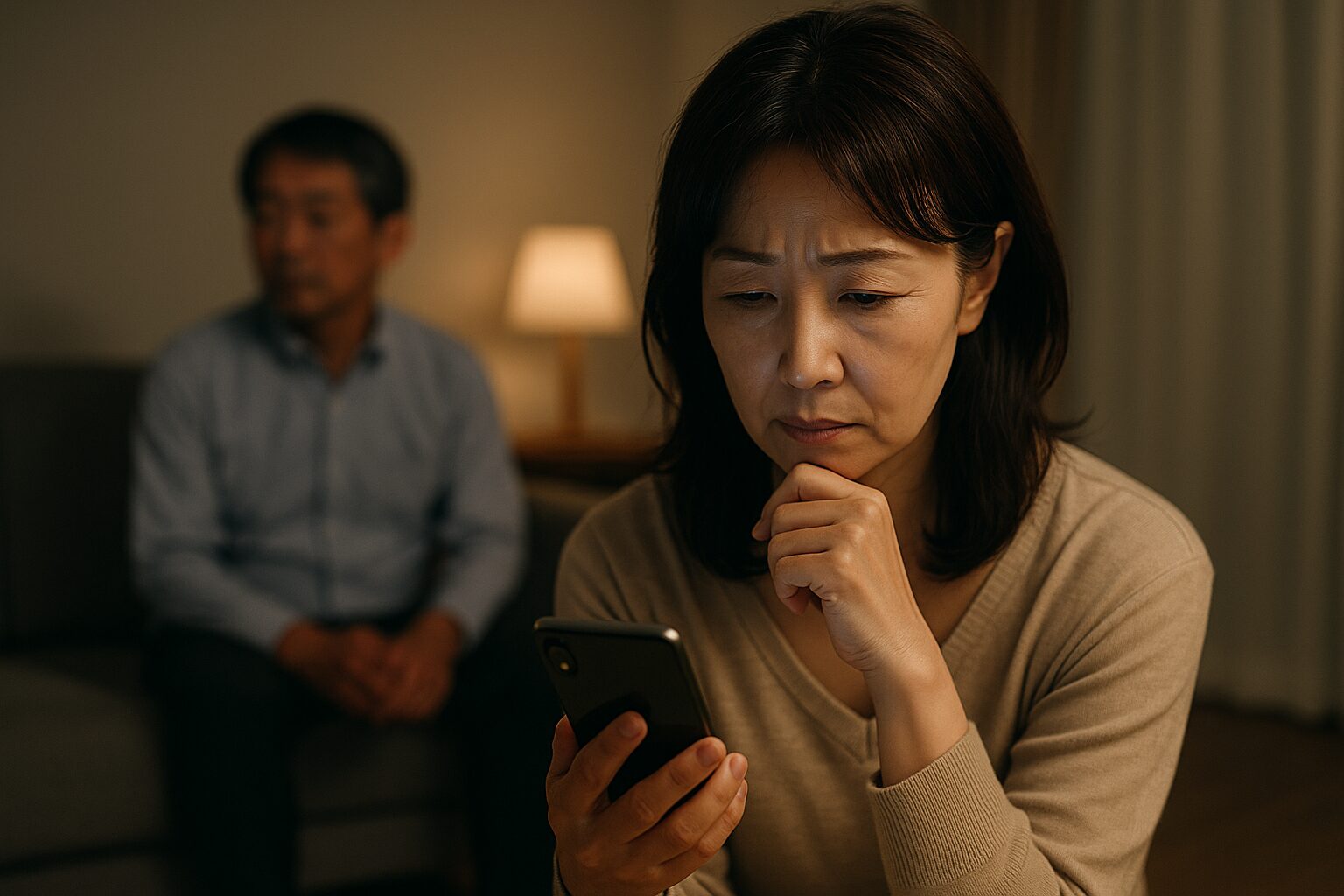 リビングのソファに座り、スマートフォンの画面を心配そうに見つめる50代の日本人女性と、その背後でソファに座る中年男性がぼんやり映るシーン
