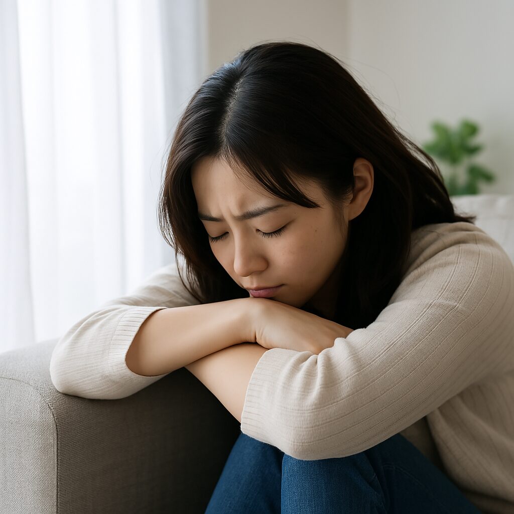 明るいリビングのソファに座り、腕に顔をうずめてうつむく20代後半の日本人女性。自然光に包まれた静かな空間の中で、一人で感情を抱え込む切なさと脆さがにじみ出ている構図。