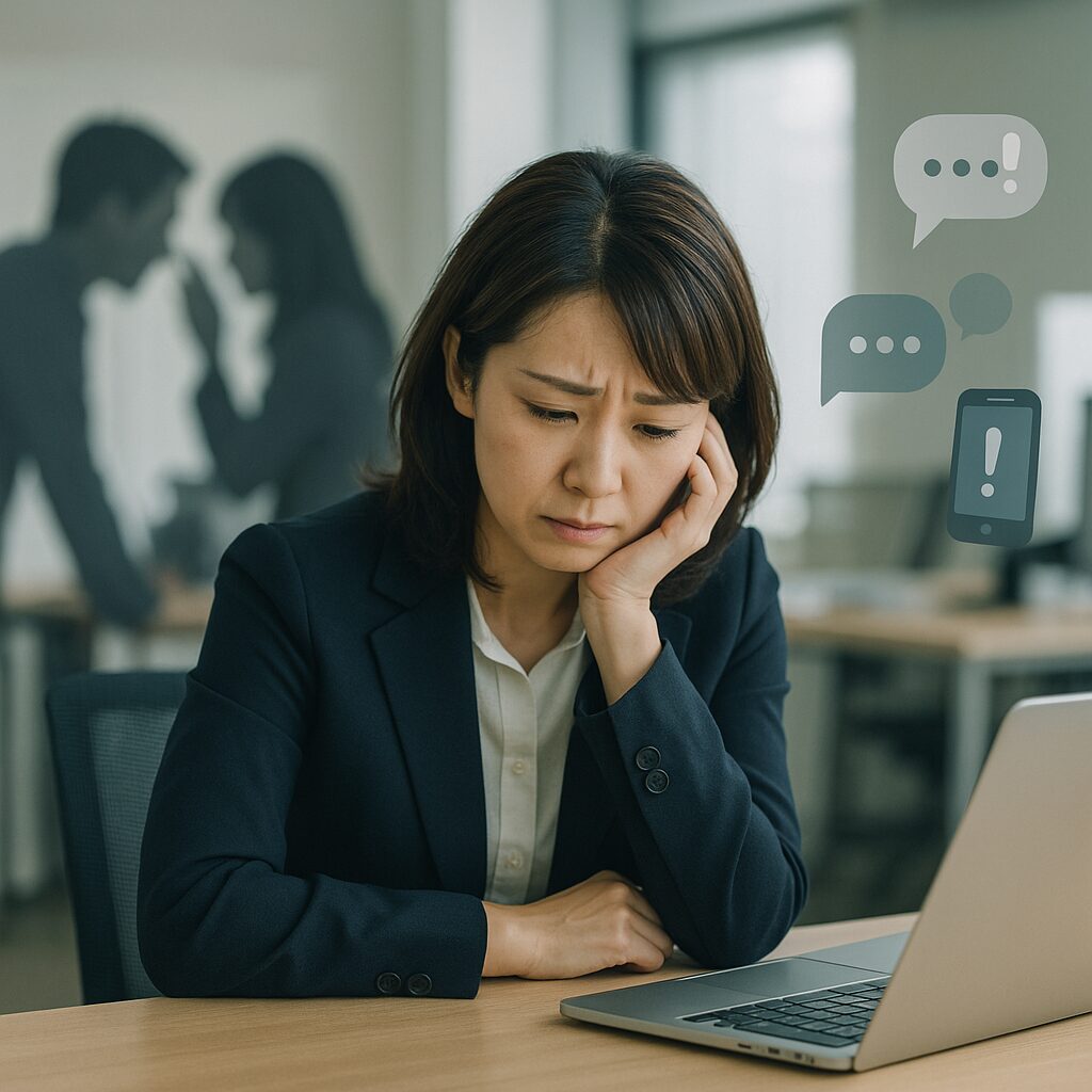 オフィスのデスクでノートパソコンを前に、ネイビーブレザーを着た日本人女性が不安そうに下を向き、背後で同僚の影が囁くように並ぶシーン。スマートフォン通知のアイコンが浮かび、嫌がらせの緊張感を表現。