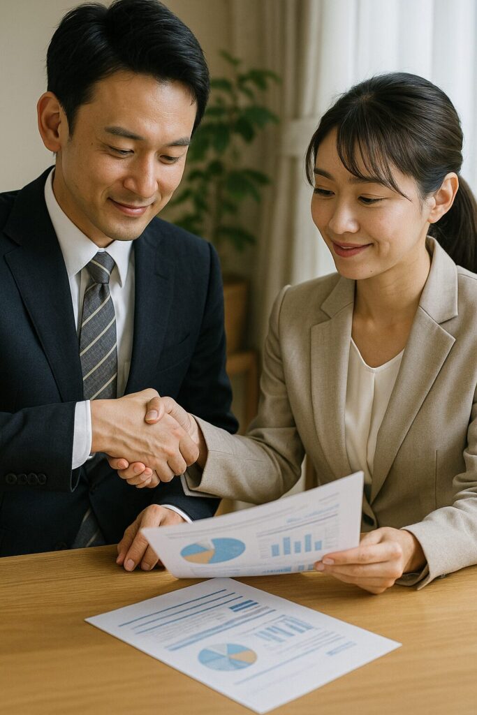 スーツを着た男女が会議室のテーブルで調査報告書や資料を広げ、笑顔で対策プランの成功事例について話し合っているビジネスミーティングの様子