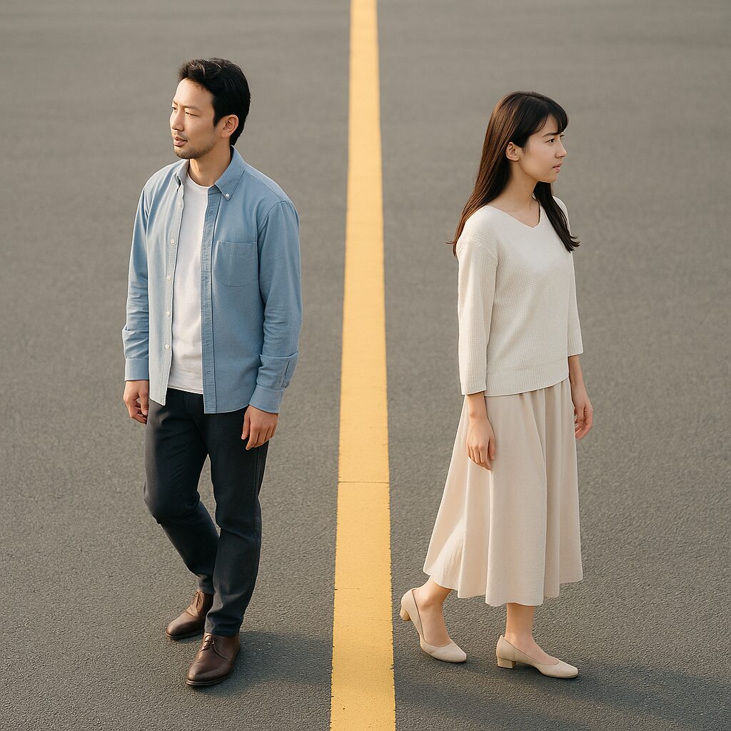 アスファルトの中央に引かれた黄色いラインを挟んで、道をはさんで反対方向に歩く日本人男女。男性は青いシャツ、女性は白いブラウスとベージュのスカートを着用し、顔をそむけながらそれぞれの道を進む。