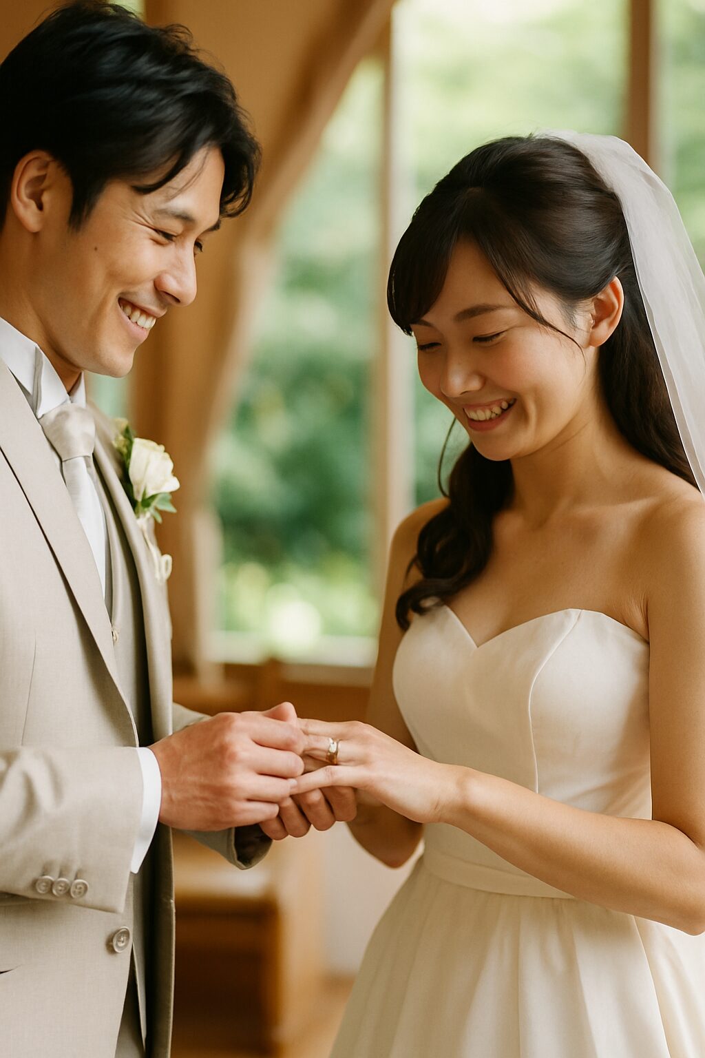結婚式の挙式会場で、純白のドレスを着た日本人花嫁が笑顔で指輪を受け取り、ベージュのタキシードを着た新郎が優しくその指にリングをはめるリアルな写真