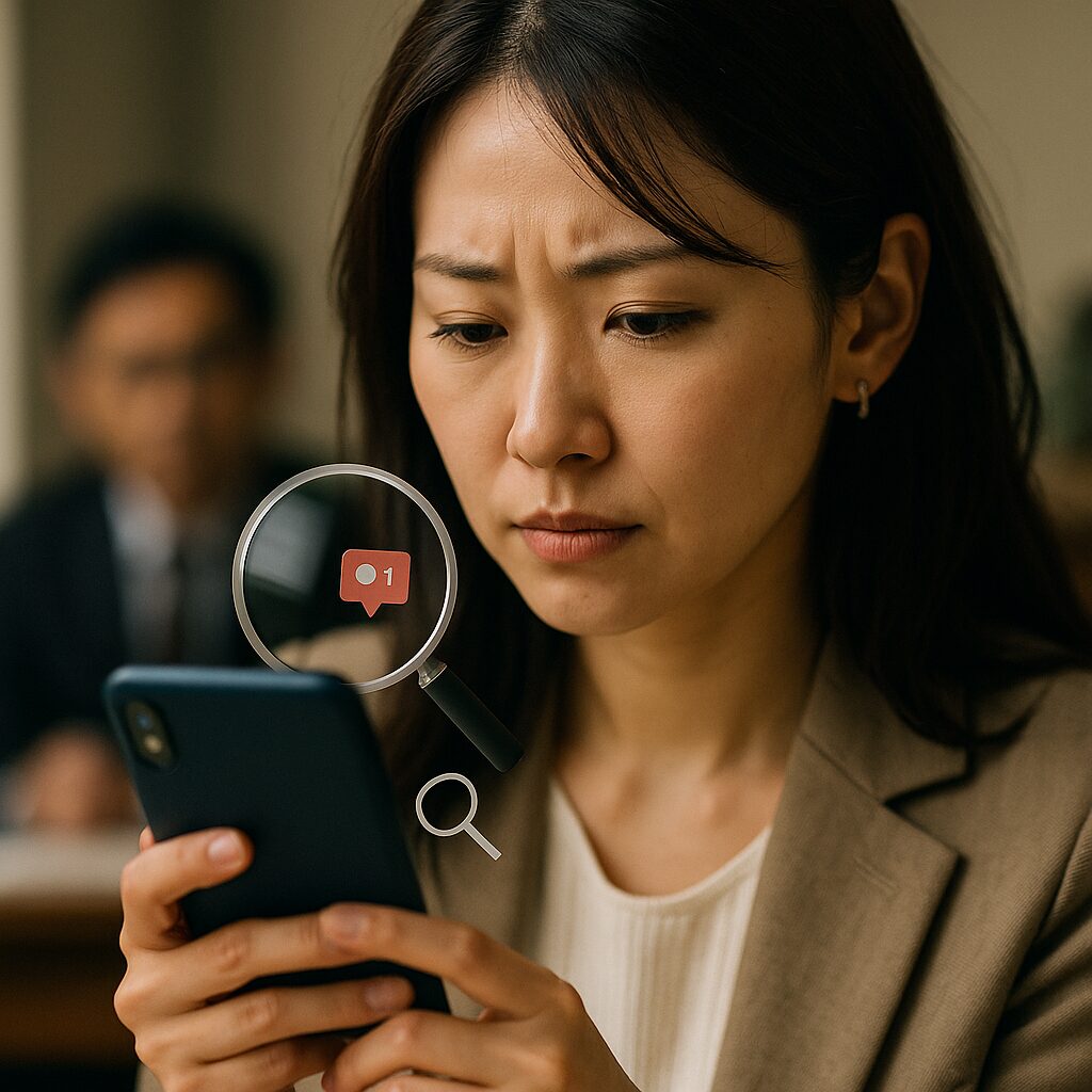 スマートフォンを見つめるベージュのジャケットを着た日本人女性が、拡大鏡で通知アイコンを確認する様子。背景にぼんやりと男性が座る会議室風の室内が見える。