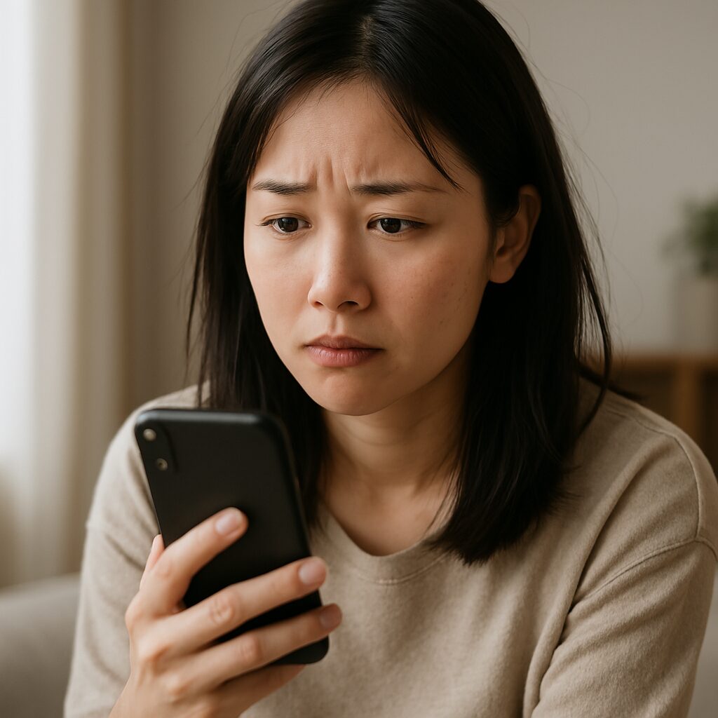 室内でスマホを見つめながら眉をひそめ、不安そうな表情を浮かべる日本人女性。柔らかい自然光が差し込む空間で、感情がにじむ静かな瞬間をとらえた構図。