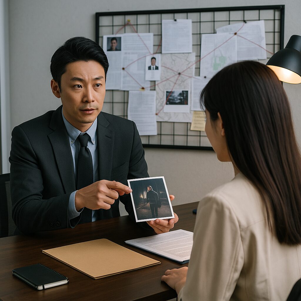 探偵事務所のオフィスでスーツ姿の日本人男性調査員がクライアントの女性に机上の写真を示しながら調査結果を説明しているシーン。背景に捜査ボードがあり、資料やメモが赤い糸でつながれている。