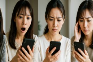 スマートフォンを手にした日本人女性が、驚き、困惑、心配といった表情を交互に見せながら画面をチェックする4枚のポートレート写真