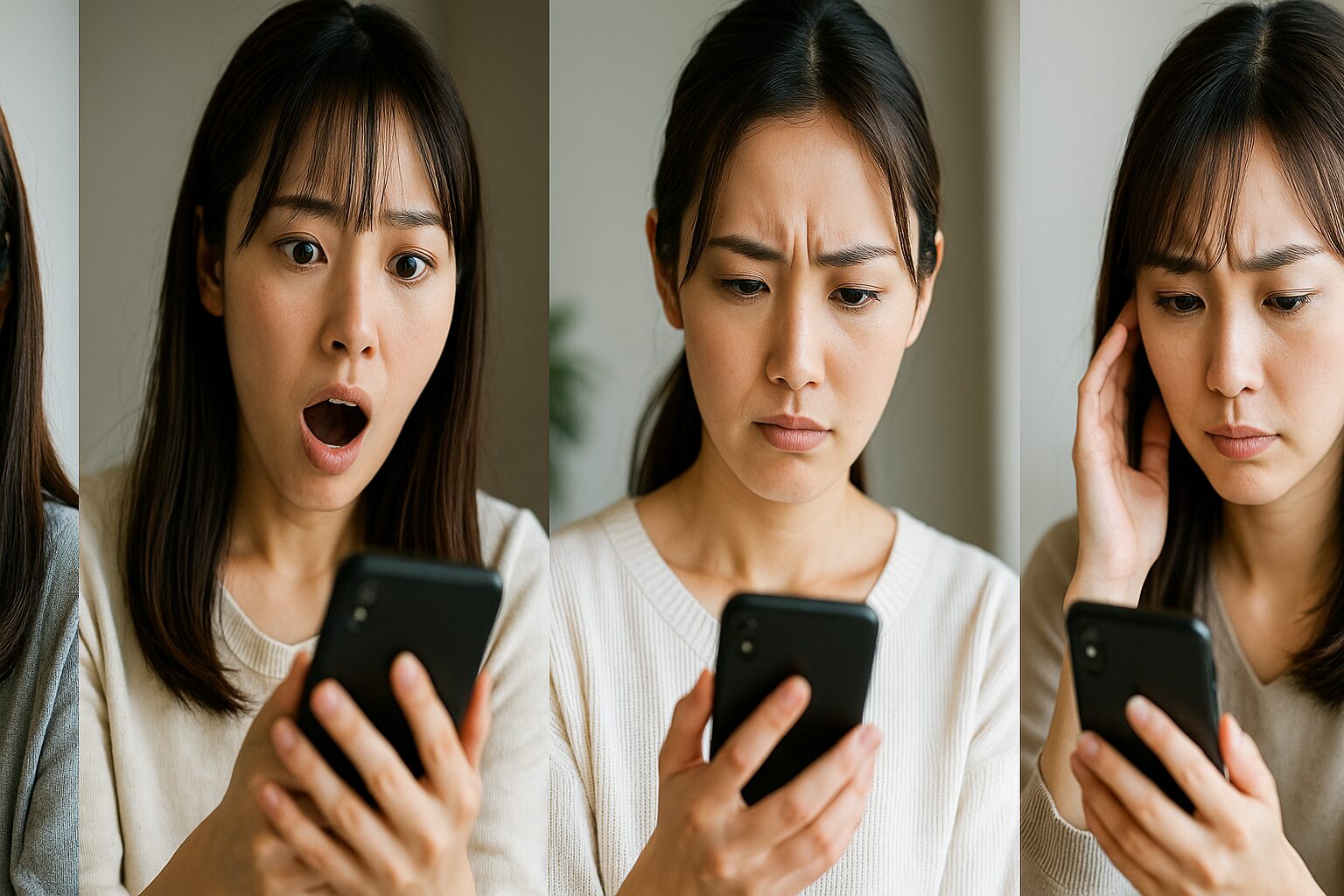 スマートフォンを手にした日本人女性が、驚き、困惑、心配といった表情を交互に見せながら画面をチェックする4枚のポートレート写真