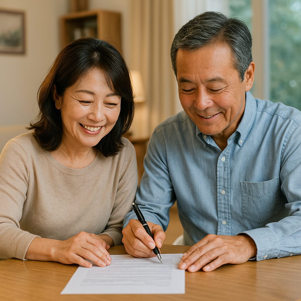 木製のテーブルで契約書にサインをする50代の日本人夫婦。妻はベージュのセーター、夫は青いシャツを着用し、書面に集中した穏やかな表情を浮かべている。