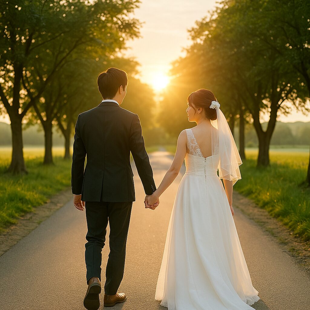明るい朝日を背に手をつなぎ、新郎新婦が未来へ向かって笑顔で歩き出す日本人カップルのシーン