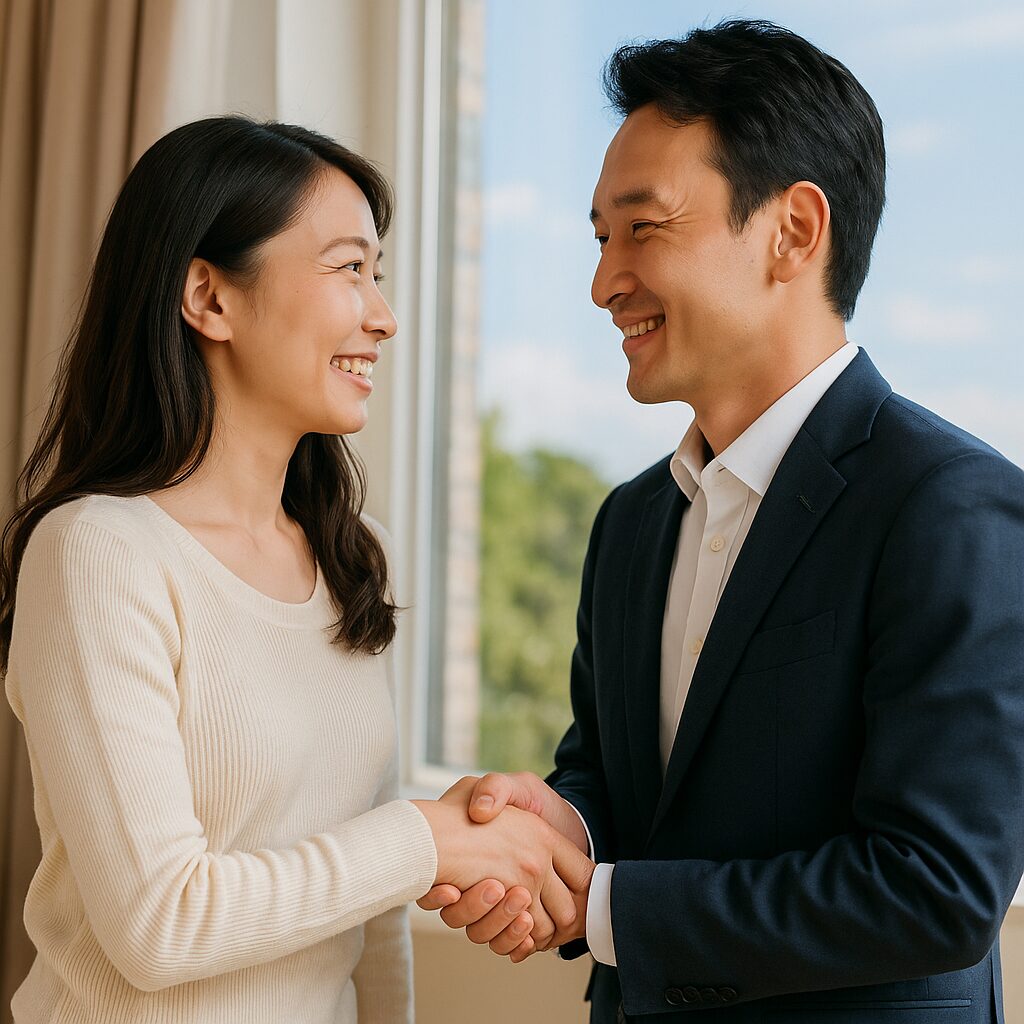 大きな窓辺で握手を交わし、互いに笑顔を向け合う日本人カップル。彼女はクリーム色のニット、彼はネイビーのスーツを着用し、柔らかな自然光が差し込む室内で信頼を再確認するシーン