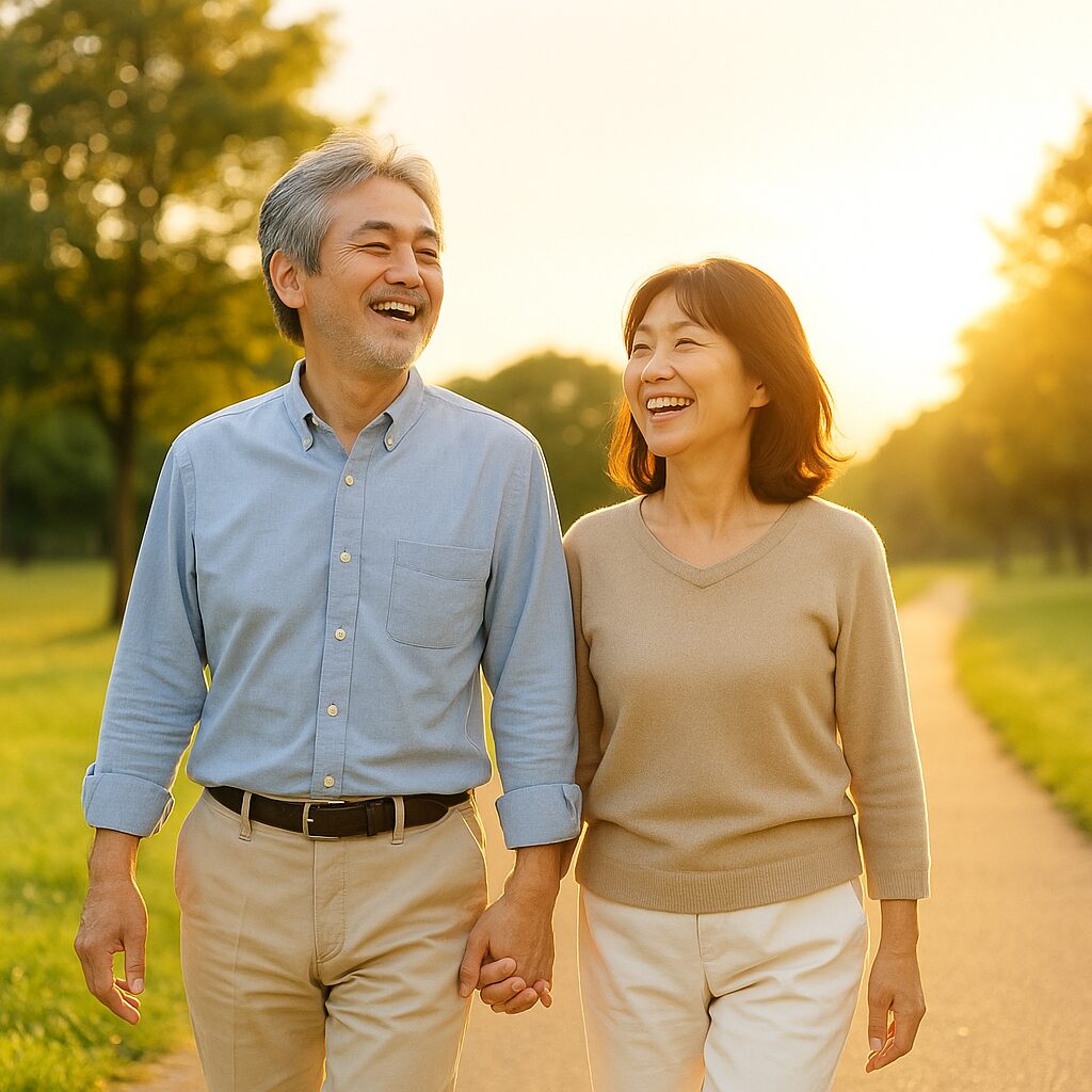日差しが柔らかく差し込む公園の小道を手をつないで歩くシニアの日本人夫婦。夫はライトブルーのシャツとベージュのパンツ、妻はベージュのセーターと白いパンツを着て、笑顔で明るい未来を感じさせる表情を浮かべている。