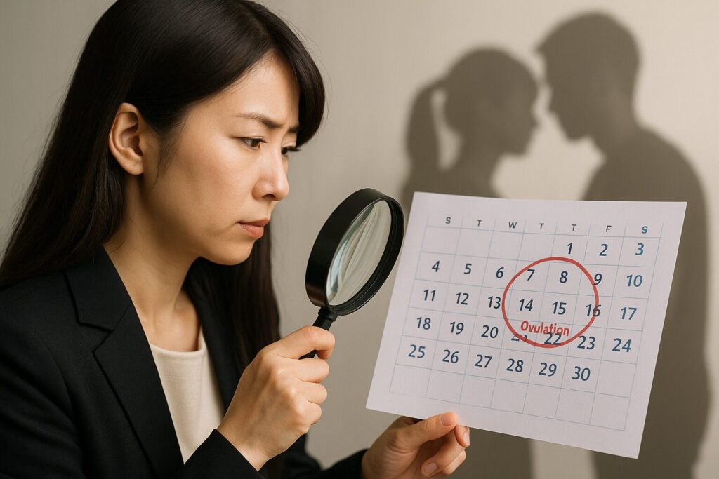 黒いブレザーを着た日本人女性探偵が、赤い丸印で排卵日と記されたカレンダーを拡大鏡で確認している写真。背景にはカップルのシルエットが薄く映り、浮気による妊娠リスクを示唆するシーン。