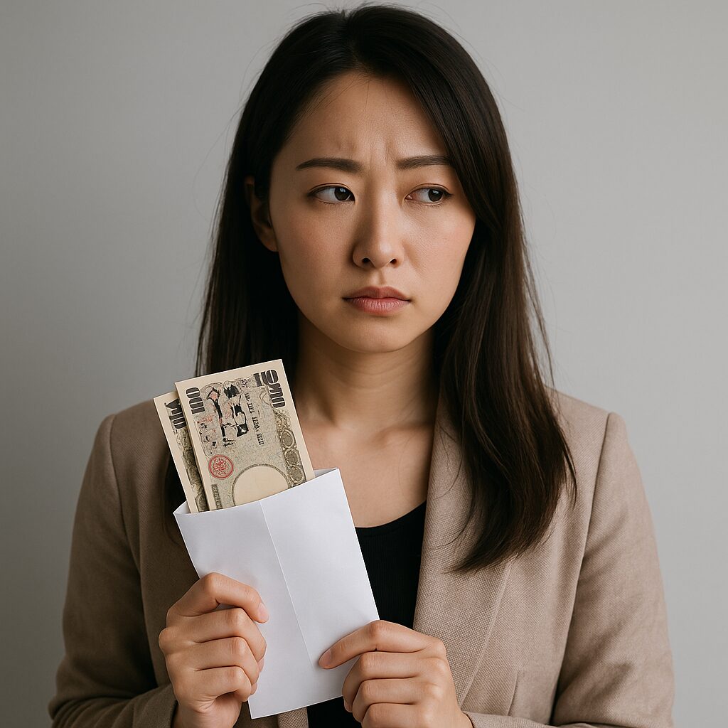 無表情で横を見つめる若い日本人女性が、封筒に入った現金(日本円)を手にしている。ベージュのジャケットと落ち着いた背景が、慰謝料請求という現実的かつシリアスな場面を静かに物語る