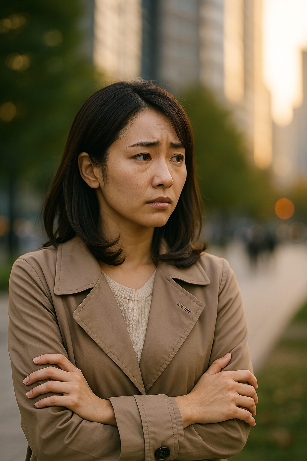 腕を組んでる30代後半くらいの女性