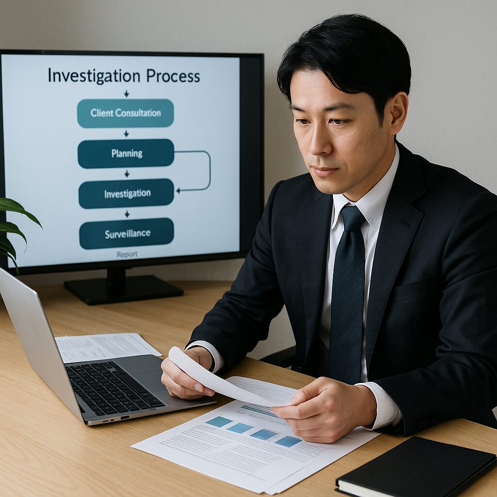 オフィスの木製デスクに座る日本人男性探偵が、クライアント資料を手に真剣な表情で画面を見る写真。背後のモニターには『Investigation Process(依頼→計画→調査→監視→報告)』と書かれたフローチャートが表示されている。