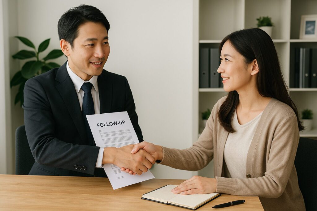 オフィスのデスクで黒いスーツの男性探偵が『FOLLOW-UP』と書かれた書類を持ち、ベージュのカーディガンを着た女性依頼者と握手している写真。和やかな雰囲気の中でアフターフォローの約束を交わしている様子。