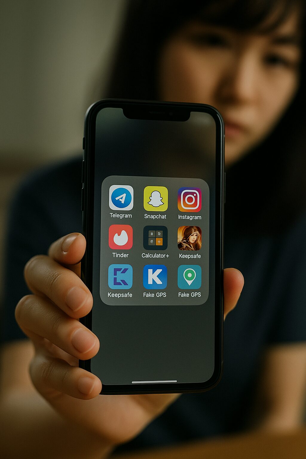 スマホ画面に浮気に使われやすいアプリが並んでいる様子を見せる日本人女性。Telegram、Snapchat、Instagram、Tinder、Calculator+、Keepsafe、Fake GPSなどのアプリが画面に表示されている。背景はぼかされ、スマホに焦点が当たっている。