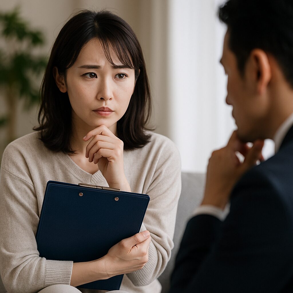 クリップボードを抱えながら真剣な表情で考える日本人女性。目の前にいる男性と向き合いながら、冷静に“自分を守る行動”について思案している場面。柔らかな自然光と観葉植物に囲まれた室内で、緊張感と前向きな覚悟が同居している。