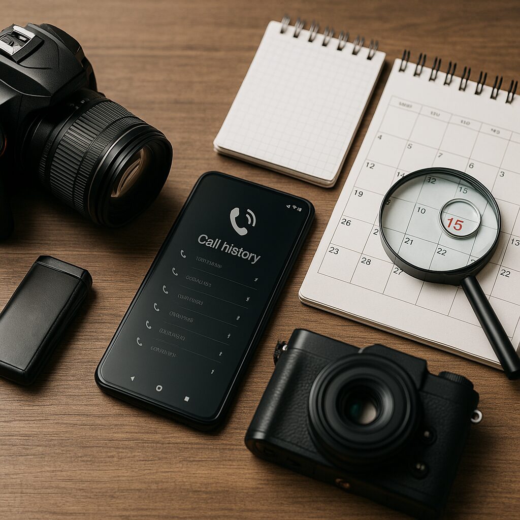 木目のテーブル上に配置された探偵機材の集合写真。DSLRカメラ、スマホに表示された通話履歴、カレンダーと拡大鏡、ノートとボイスレコーダーが並び、リスク回避と証拠収集の準備が整った様子を表現している。
