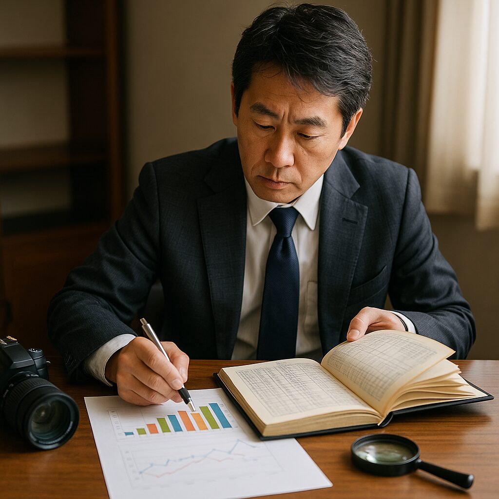 やわらかな自然光が差し込むオフィスで、黒いスーツを着た中年の日本人男性探偵が、木製デスクに広げた財務帳簿と棒グラフを指し示しながら分析している様子。デスク上にはカメラと虫眼鏡も置かれ、細部まで調査を徹底するプロの雰囲気を醸し出している。