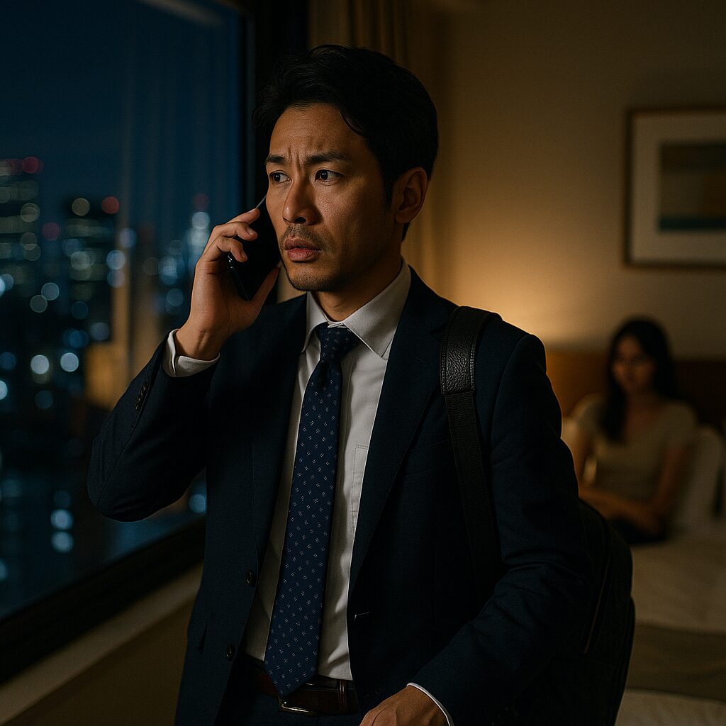 出張中の旦那が浮気をしている様子。妻からの電話で誤魔化している