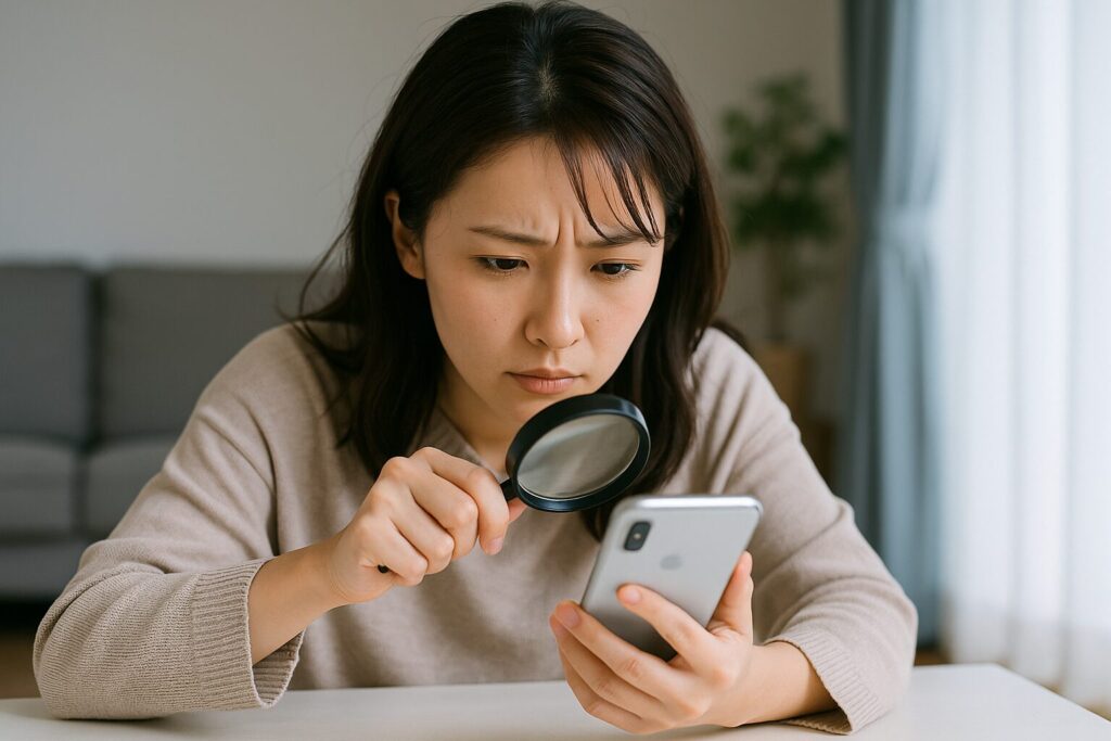 スマートフォンの画面を真剣な表情で見つめる日本人女性が、虫眼鏡を手に持ちながら証拠を探すように画面を凝視している様子。明るい室内、背景には観葉植物とカーテンがあり、調査中の緊張感と日常の空気が共存している。