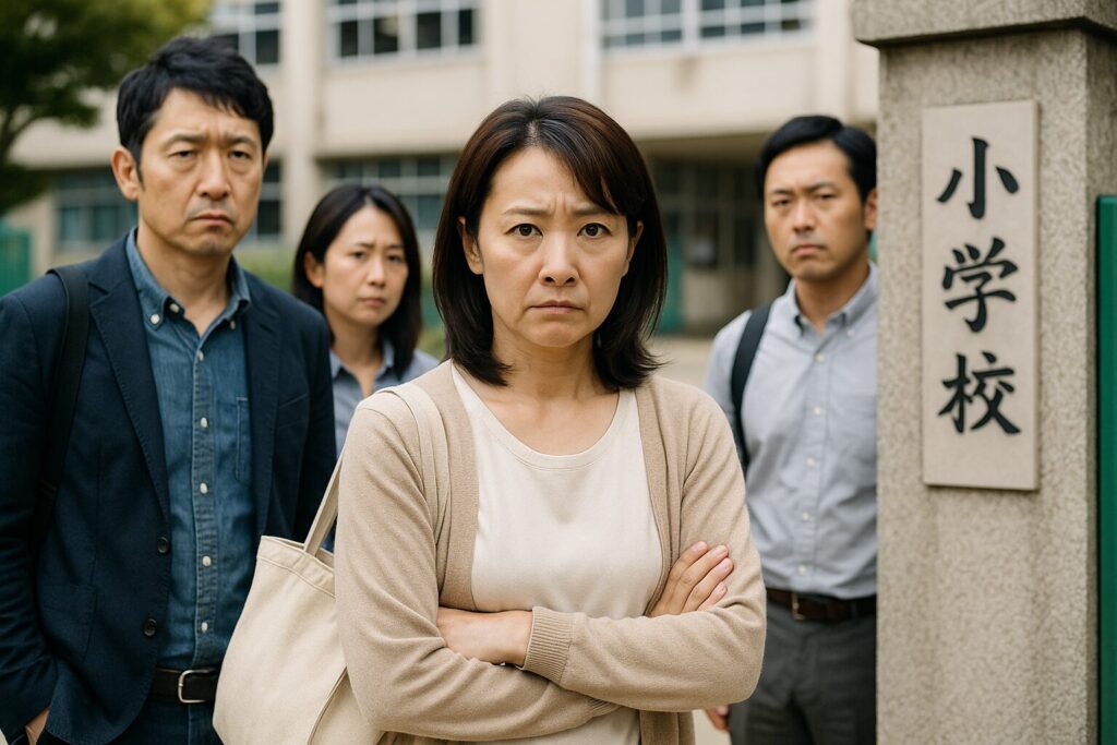 小学校の正門前に立ち、腕を組んで険しい表情を浮かべる日本人の保護者グループ。中央にいる中年女性はベージュのカーディガン、後方にはスーツ姿やカジュアルな服装の男女が並び、背景には校舎と木々が自然光で照らされている。