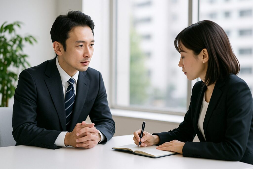 明るいオフィスの会議テーブルで、ダークスーツを着た日本人男性と女性のビジネスパーソンが向かい合い、女性がノートにメモを取りながら話を聞いている様子