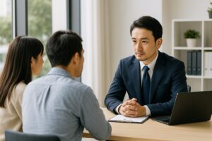 明るいオフィスの窓際で、ネイビースーツの日本人探偵が机越しに男女の相談者と向き合い、真剣な表情で話を聞いている様子