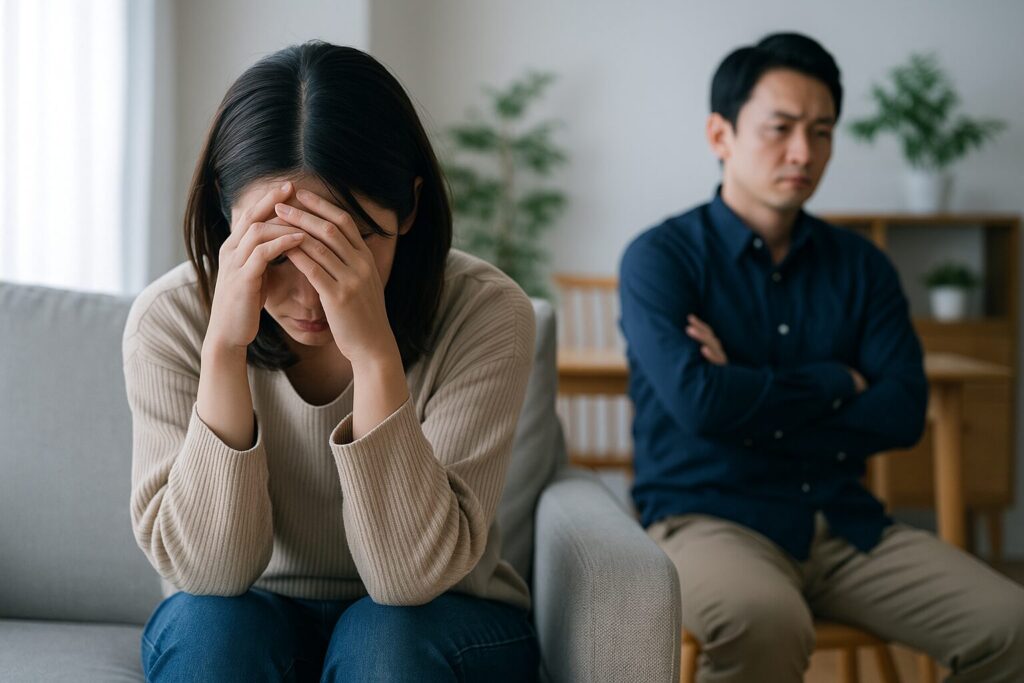 現代的なリビングで、うつむいて頭を抱える日本人女性と、腕を組みながら沈んだ表情を浮かべる男性。部屋には緊張感が漂い、心の距離が広がった夫婦の“家庭放棄型うつ”の雰囲気をリアルに描写している。