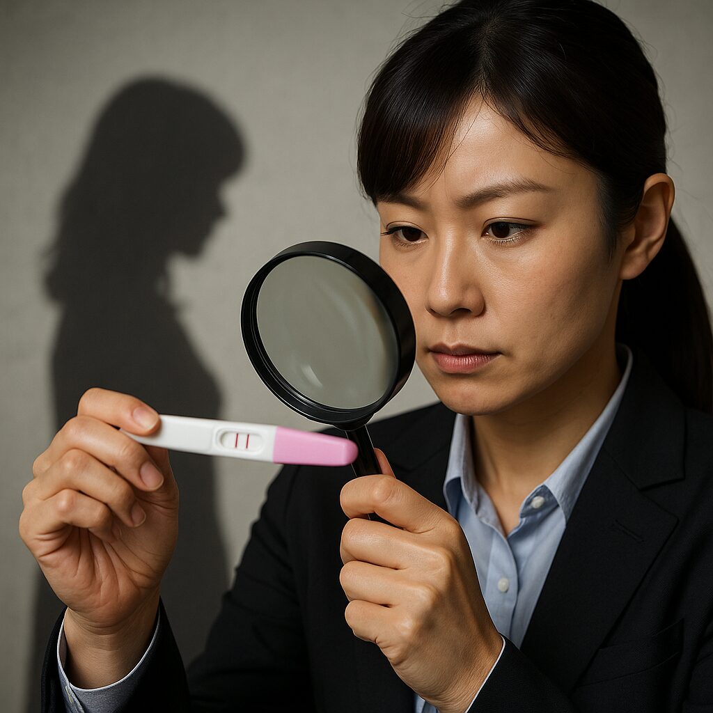 黒いブレザーを着た日本人女性探偵が、ポジティブな妊娠検査薬を拡大鏡で注意深く確認している写真。背景には妊娠を示唆するシルエットがぼんやり映り、リスク調査の緊張感を演出している。