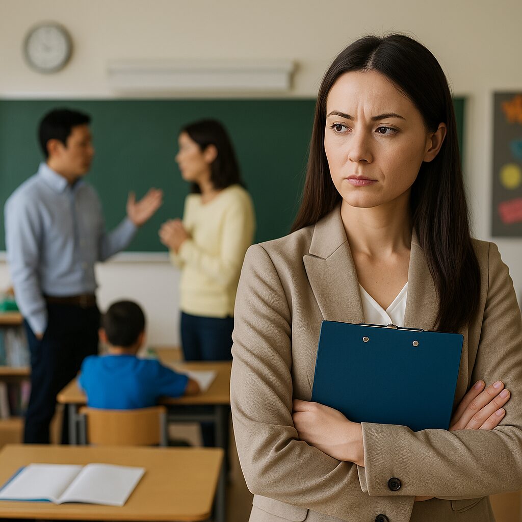 明るい教室を背景に、書類を抱えたベージュジャケットの日本人女性が腕組みし、遠くを見つめるように眉をひそめた表情で立つ。後ろには黒板の前で話し合う男女保護者と子どもがぼんやりと写り、PTA内の緊張感と心理的背景を象徴するシーン。