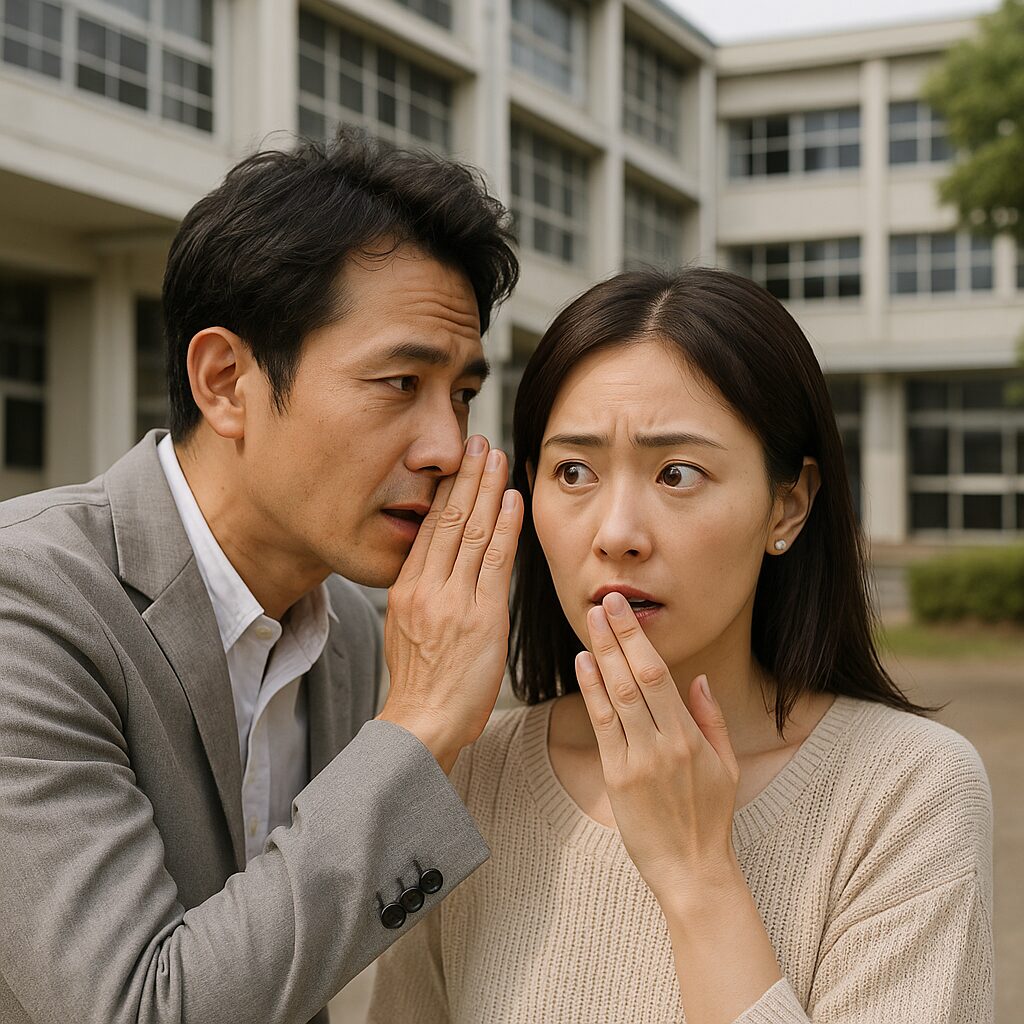 校舎を背景に、日本人の男性が女性に耳打ちする様子。女性は驚いた表情で手を口元に当て、PTA不倫の噂を象徴する場面。