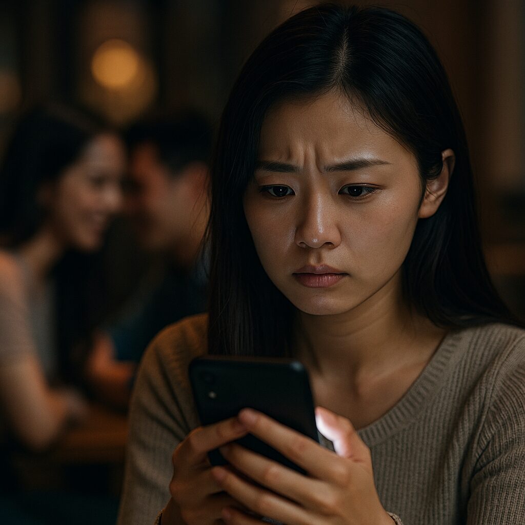 スマートフォンの光に照らされながら、不安そうな表情で画面を見つめる日本人女性。背景には、カフェで笑い合う男女の姿がぼんやりと映り、心の距離と裏切りを暗示するような静かな対比が描かれている。