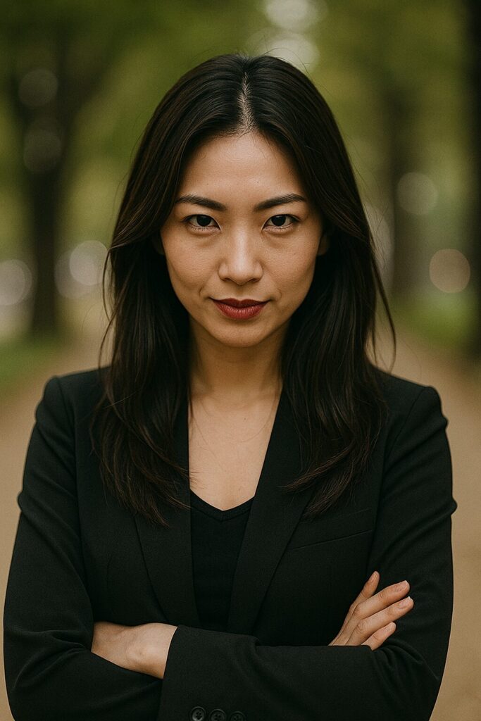 腕を組みながら強い眼差しを向ける30代の日本人女性。黒のジャケットに身を包み、緑の木々が並ぶ遊歩道を背景に、自信と計算高さがにじむ表情が“既婚者をターゲットにするハンター型”女性を印象づける。